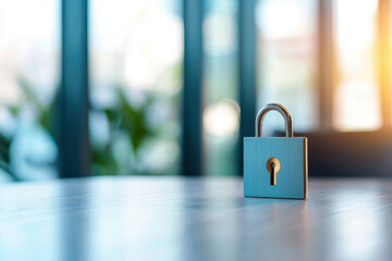 Close up of padlock wooden table, symbolizing security and protection modern environment. soft lighting enhances feeling