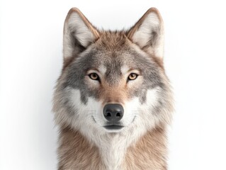 Obraz premium Striking front view of a gray wolf with symmetrical features, intense eyes, and dense fur, isolated on white background. 