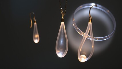 Obraz premium Contemporary jewelry set featuring transparent teardrop pendants and a bracelet with light