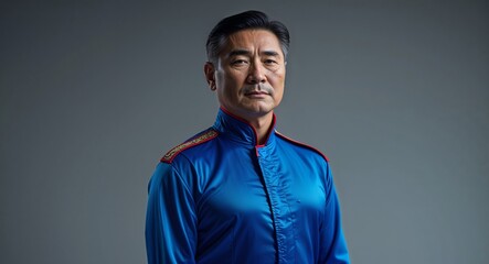 Obraz premium middle age Asian man in gymnastics floor background sports concept uniform portrait model photoshoot