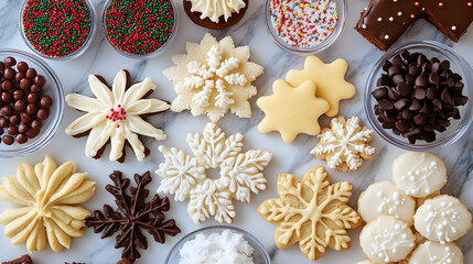 Fototapeta premium Festive holiday cookies and colorful toppings beautifully arranged for the season