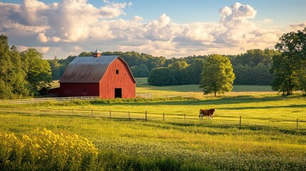 Serene Countryside: Red Barn, Cow, and Golden Fields