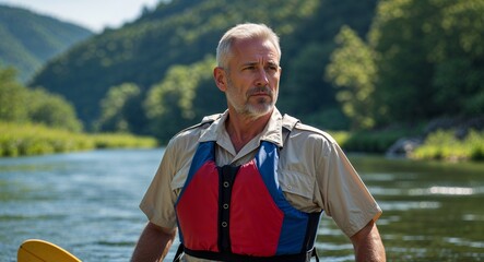 middle age Caucasian man in canoeing river background sports concept uniform portrait model photoshoot