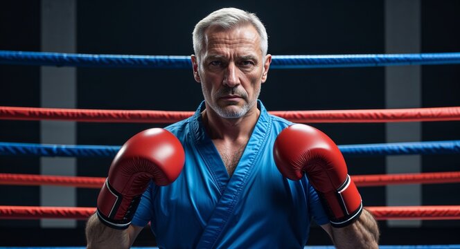 middle age Caucasian man in boxing ring background sports concept uniform portrait model photoshoot