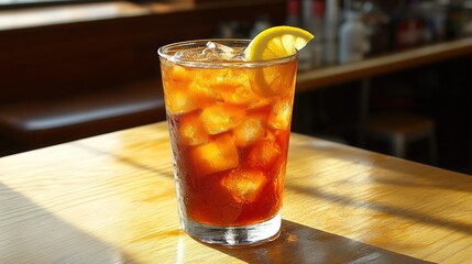 Iced tea in a tall glass with lemon