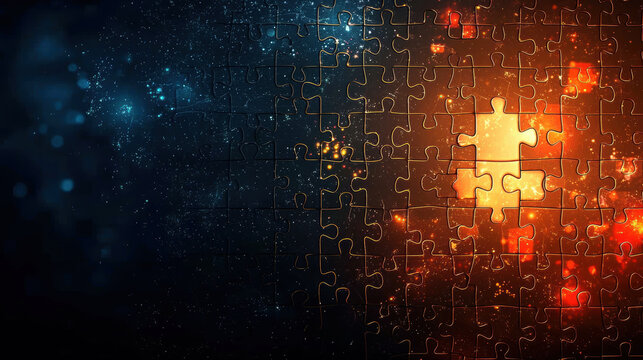 Glowing puzzle piece stands out in cosmic themed jigsaw puzzle, symbolizing discovery