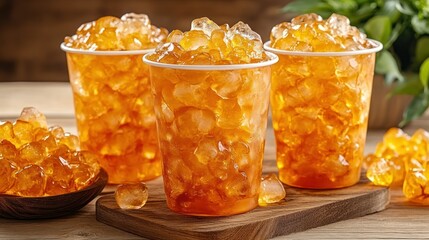 Iced tea in disposable cups filled with ice