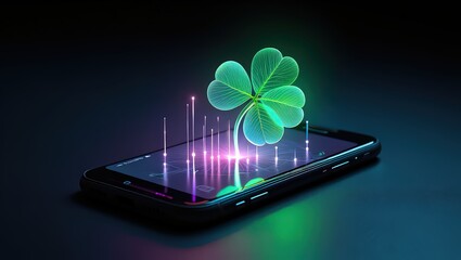 Digital four leaf clover growing on smartphone screen