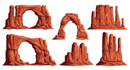 Desert rock formations set: red sandstone arches and pillars
