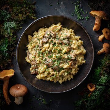 Mushroom cream sp&auml;tzle with chives and forest mushrooms