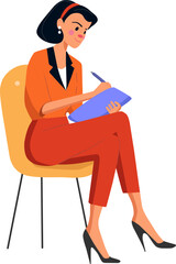 Note taking woman in orange outfit home office illustration