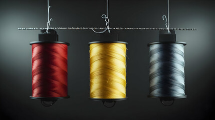 Three Hanging Spools Of Colored Thread On Dark Background