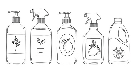 Hand-drawn cleaning product bottles with leaf and citrus designs