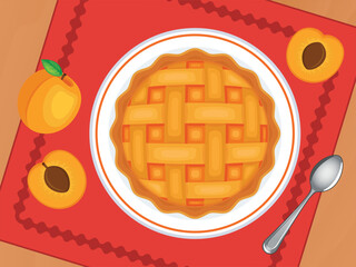 Lattice apricot pie on a plate top view vector illustration. Round sweet pie and fresh apricots on a wooden table above view vector. Whole latticed apricot pie on the table drawing