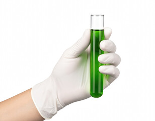 A hand holding a green test tube filled with liquid in a laboratory setting indicating scientific research, experimentation, or chemical analysis isolate on transparent background