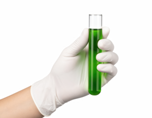 A hand holding a green test tube filled with liquid in a laboratory setting indicating scientific research, experimentation, or chemical analysis isolate on transparent background