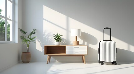 Fototapeta premium Modern Minimalist Living Room With White Decor and Smart Speaker