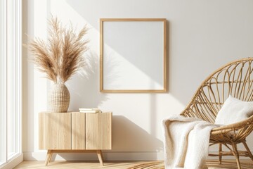Cozy interior with wicker chair, pampas grass, and blank frame on white wall