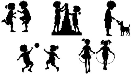 Stylish silhouette collection of children playing together with pets and toys