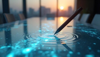 Ink pen creating ripples on reflective table in modern office at sunset  