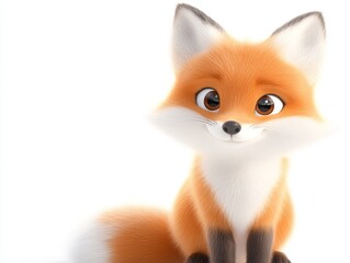 Obraz premium Cute animated fox character with bright eyes and fluffy tail sits calmly on a white background, smiling sweetly. 