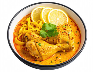 Bowl of thai khao soi curry noodle soup featuring chicken legs and lemon slices topped with fresh ingredients for an authentic taste experience isolate on transparent background