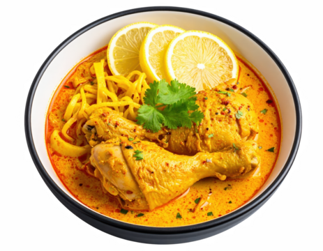 Bowl of thai khao soi curry noodle soup featuring chicken legs and lemon slices topped with fresh ingredients for an authentic taste experience isolate on transparent background