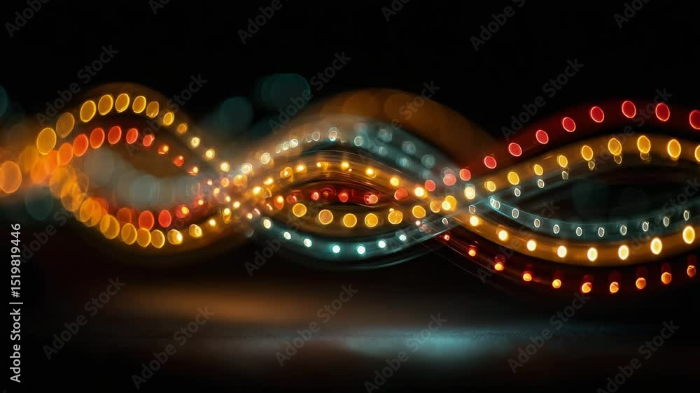 Poster colorful abstract light trails in looping wave patterns on a dark background. loopable holiday light