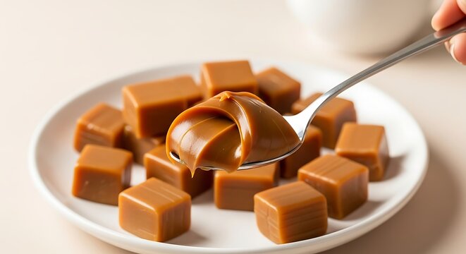 Spoonful of Dulce de Leche Surrounded by Caramel Squares
