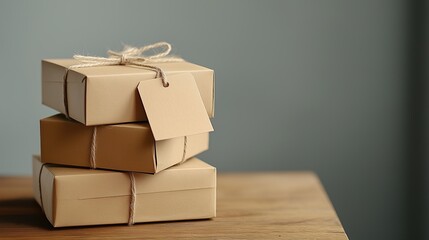Stacked package boxes with shopping tags on wooden table, symbolizing modern e-commerce convenience