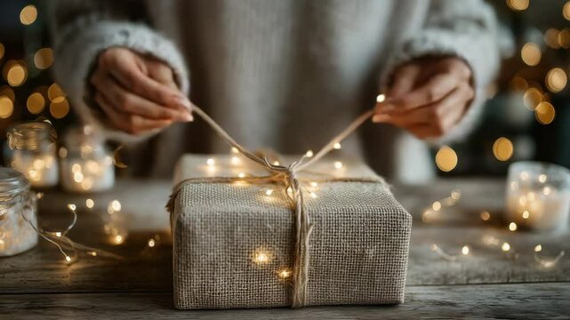 A person in a cozy sweater wraps a rustic gift box with twine and warm fairy lights on a festive wooden table.