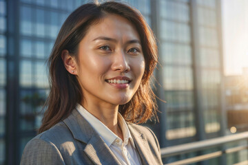Portrait of successful Asian manager in a business suit is smiling and standing in front of a building with a glass facade in the rays of the sun
