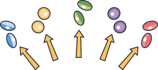Colorful droplets with arrows symbolize hormone distribution.