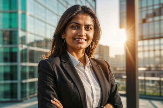 Portrait of successful Indian businesswoman in a business suit is smiling and standing in front of a building with a glass facade in the rays of the sun