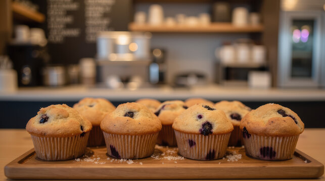 Freshly baked blueberry muffins arranged on wooden tray in cozy cafe setting, evoking warmth and comfort - Powered by Adobe