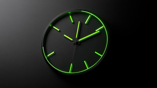 A sleek, black clock with vibrant green neon hour markers and hands against a dark background
