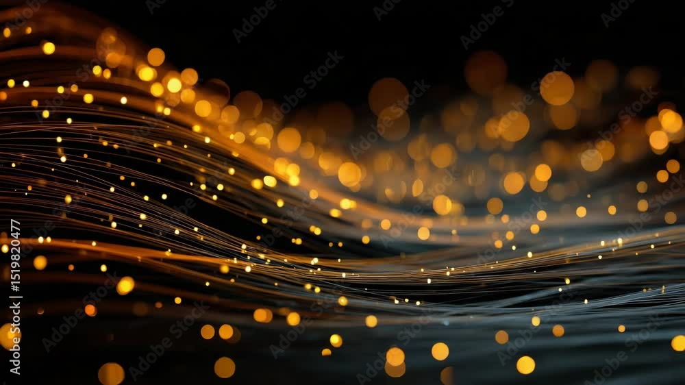 Poster abstract golden light trails and glowing particles flowing across a dark background, creating a sens