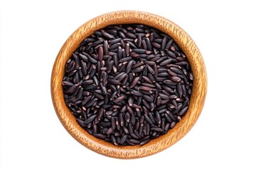 Black rice in a wooden bowl isolated on white background, a healthy and nutritious grain