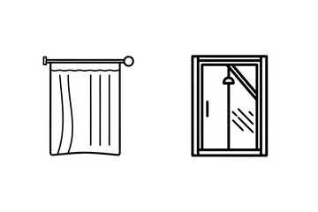 Minimalist black and white icons depicting curtain and shower door elements for design