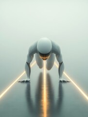 Futuristic Robot Athlete at Starting Line
