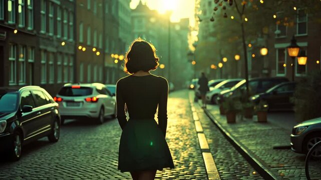 Woman walking down a city street at sunset