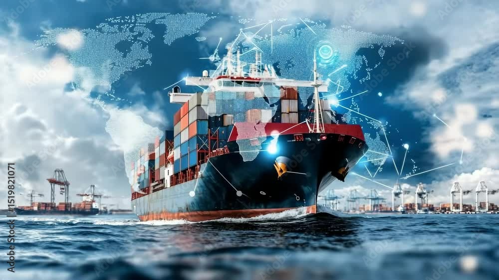 Poster Modern Container Ship Navigating Ocean with Global Network Elements and Data Visualization Background