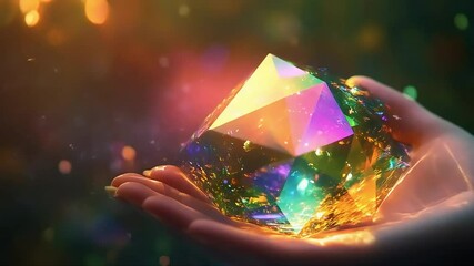 Hand holding colorful geometric object with light reflections - Powered by Adobe