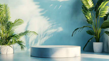 Fototapeta premium Minimalist Podium with Tropical Plants and Shadow Play for Product Display