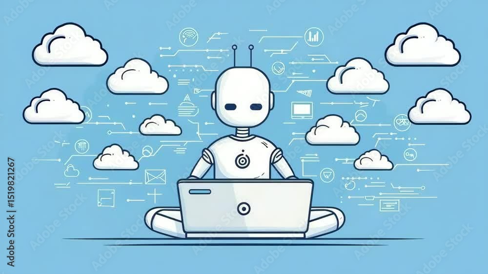 Poster illustration of a friendly robot working on laptop with cloud technology and data integration symbol