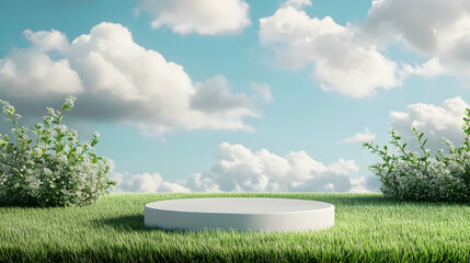 Minimalist product display pedestal on vibrant green grass with cloudy blue sky backdrop