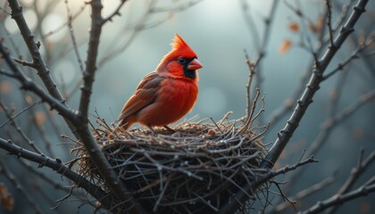 Red cardinal or robin perched on a snowy branch, a vibrant bird in winter nature