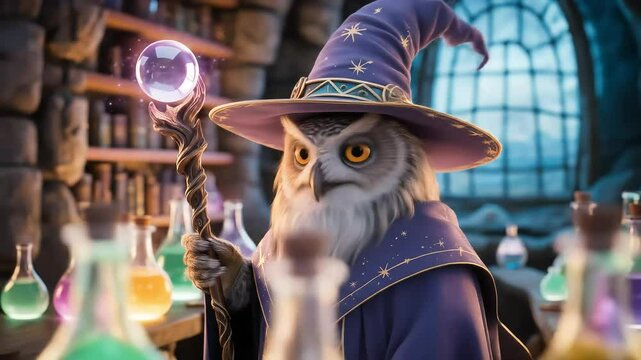 an owl cartoon in the wizard costume bring the stick of magic ball