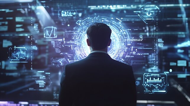 Man in Suit Viewing Futuristic Data Interface and Technology Display