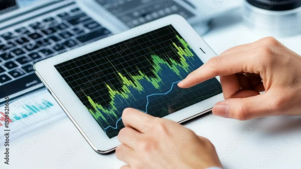 Poster person analyzing financial data on tablet with graphs and charts in modern office environment
